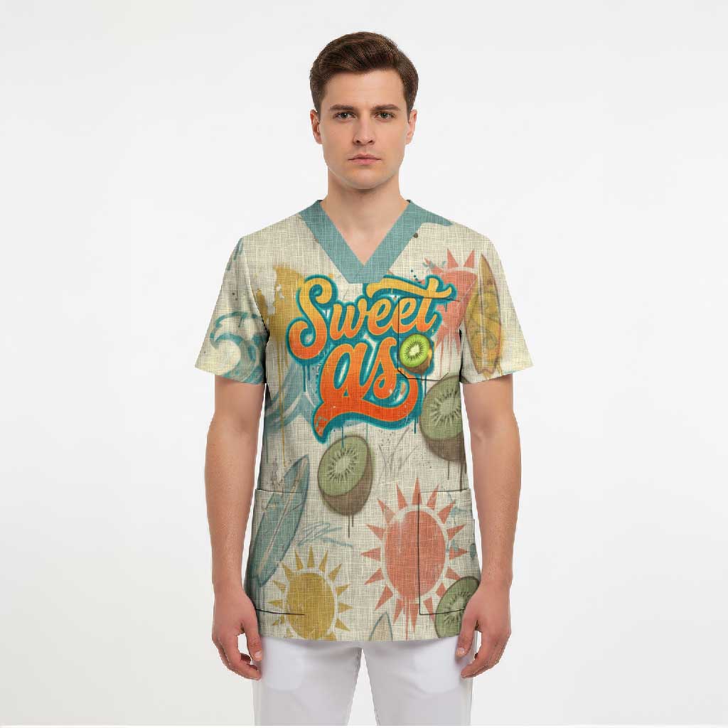 NZ Slang Sweet As Kiwi Shaka Sign Scrub Top New Zealand Surfboards Sun and Tropical Beach Retro