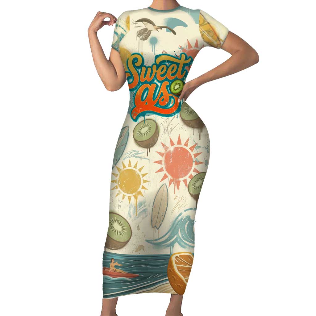 NZ Slang Sweet As Kiwi Shaka Sign Short Sleeve Bodycon Dress New Zealand Surfboards Sun and Tropical Beach Retro TS04 Long Dress Beige - Polynesian Pride