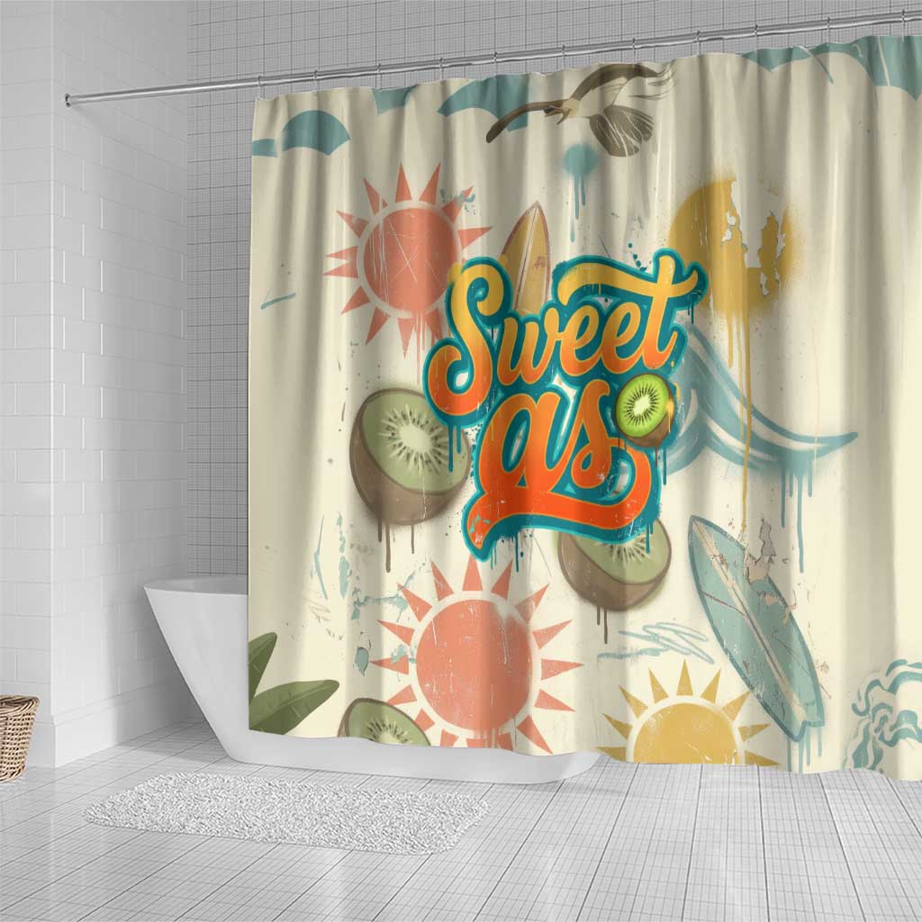 NZ Slang Sweet As Kiwi Shaka Sign Shower Curtain New Zealand Surfboards Sun and Tropical Beach Retro
