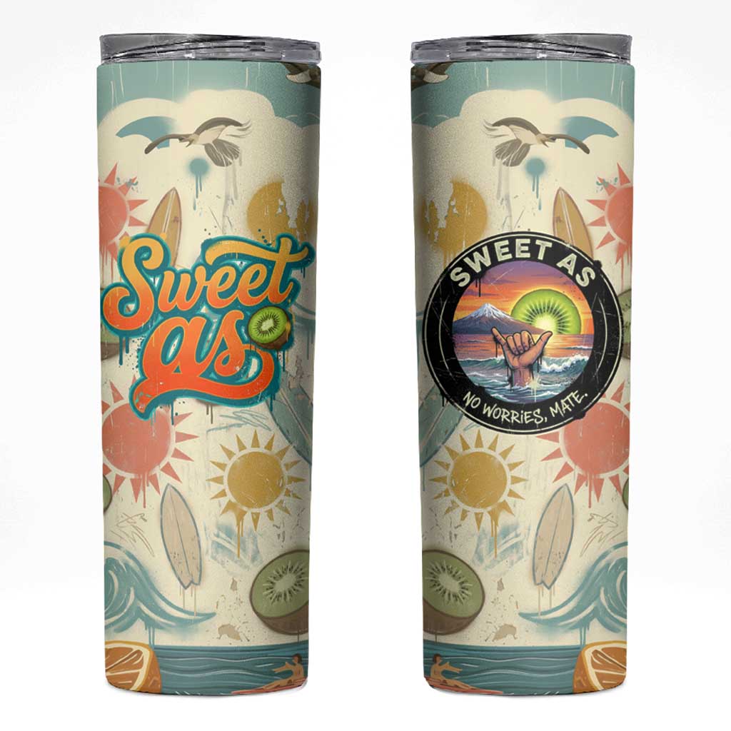 NZ Slang Sweet As Kiwi Shaka Sign Skinny Tumbler New Zealand Surfboards Sun and Tropical Beach Retro