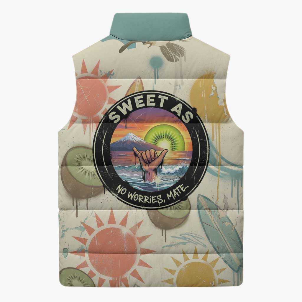 NZ Slang Sweet As Kiwi Shaka Sign Sleeveless Puffer Jacket New Zealand Surfboards Sun and Tropical Beach Retro