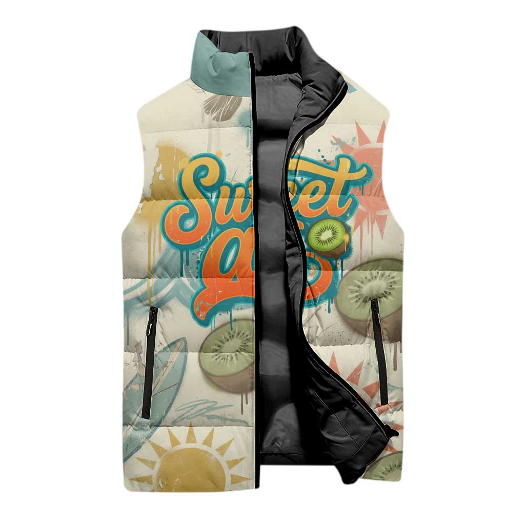 NZ Slang Sweet As Kiwi Shaka Sign Sleeveless Puffer Jacket New Zealand Surfboards Sun and Tropical Beach Retro
