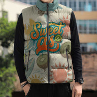 NZ Slang Sweet As Kiwi Shaka Sign Sleeveless Puffer Jacket New Zealand Surfboards Sun and Tropical Beach Retro