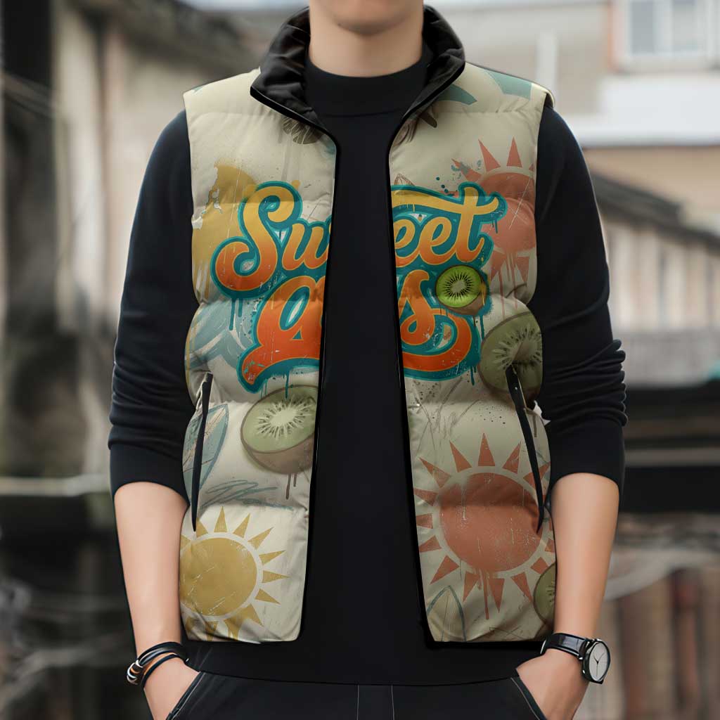 NZ Slang Sweet As Kiwi Shaka Sign Sleeveless Puffer Jacket New Zealand Surfboards Sun and Tropical Beach Retro