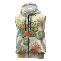 NZ Slang Sweet As Kiwi Shaka Sign Sleeveless Zip Hoodie New Zealand Surfboards Sun and Tropical Beach Retro
