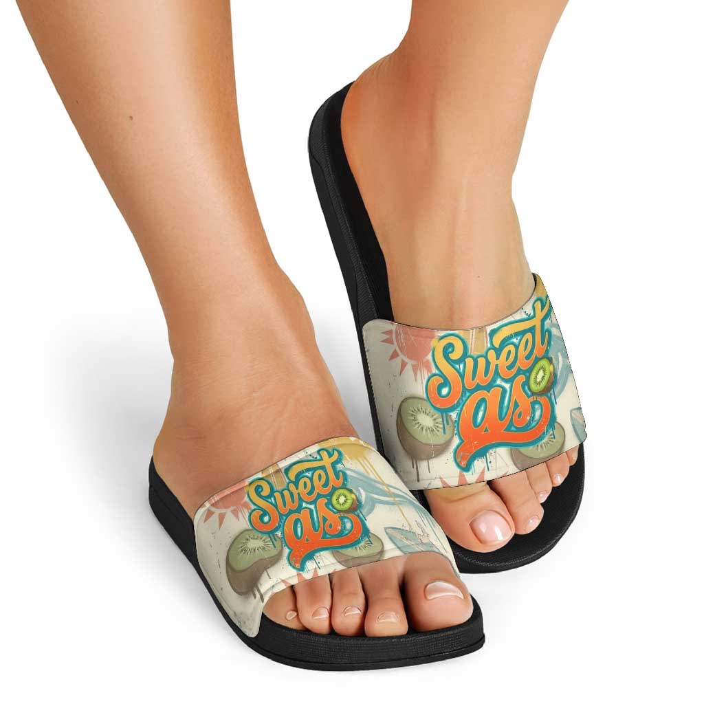 NZ Slang Sweet As Kiwi Shaka Sign Slide Sandals New Zealand Surfboards Sun and Tropical Beach Retro