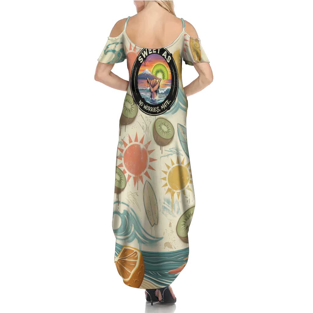NZ Slang Sweet As Kiwi Shaka Sign Summer Maxi Dress New Zealand Surfboards Sun and Tropical Beach Retro