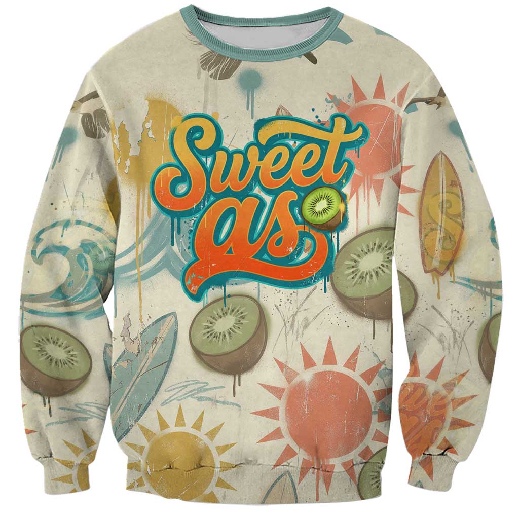 NZ Slang Sweet As Kiwi Shaka Sign Sweatshirt New Zealand Surfboards Sun and Tropical Beach Retro