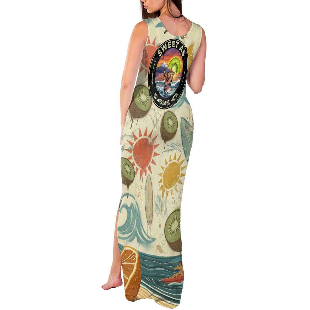NZ Slang Sweet As Kiwi Shaka Sign Tank Maxi Dress New Zealand Surfboards Sun and Tropical Beach Retro
