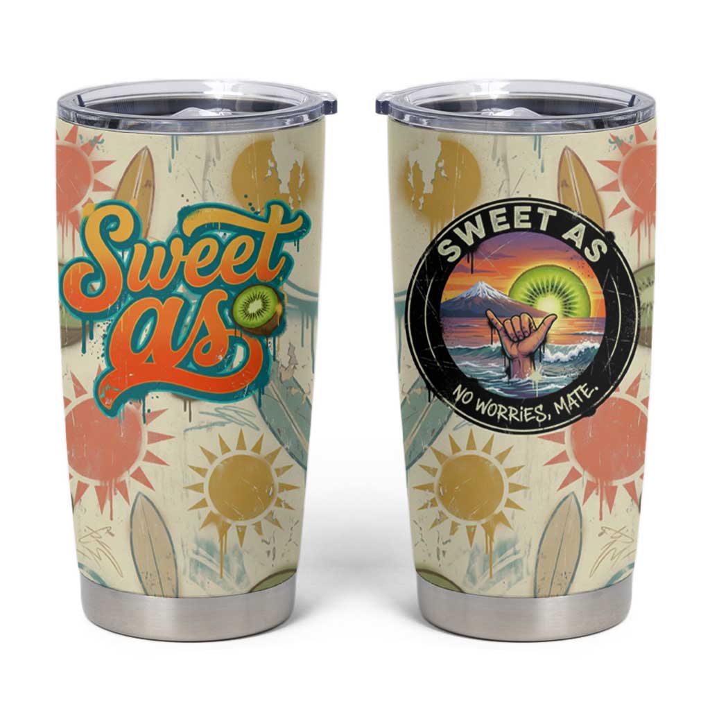 NZ Slang Sweet As Kiwi Shaka Sign Tumbler Cup New Zealand Surfboards Sun and Tropical Beach Retro