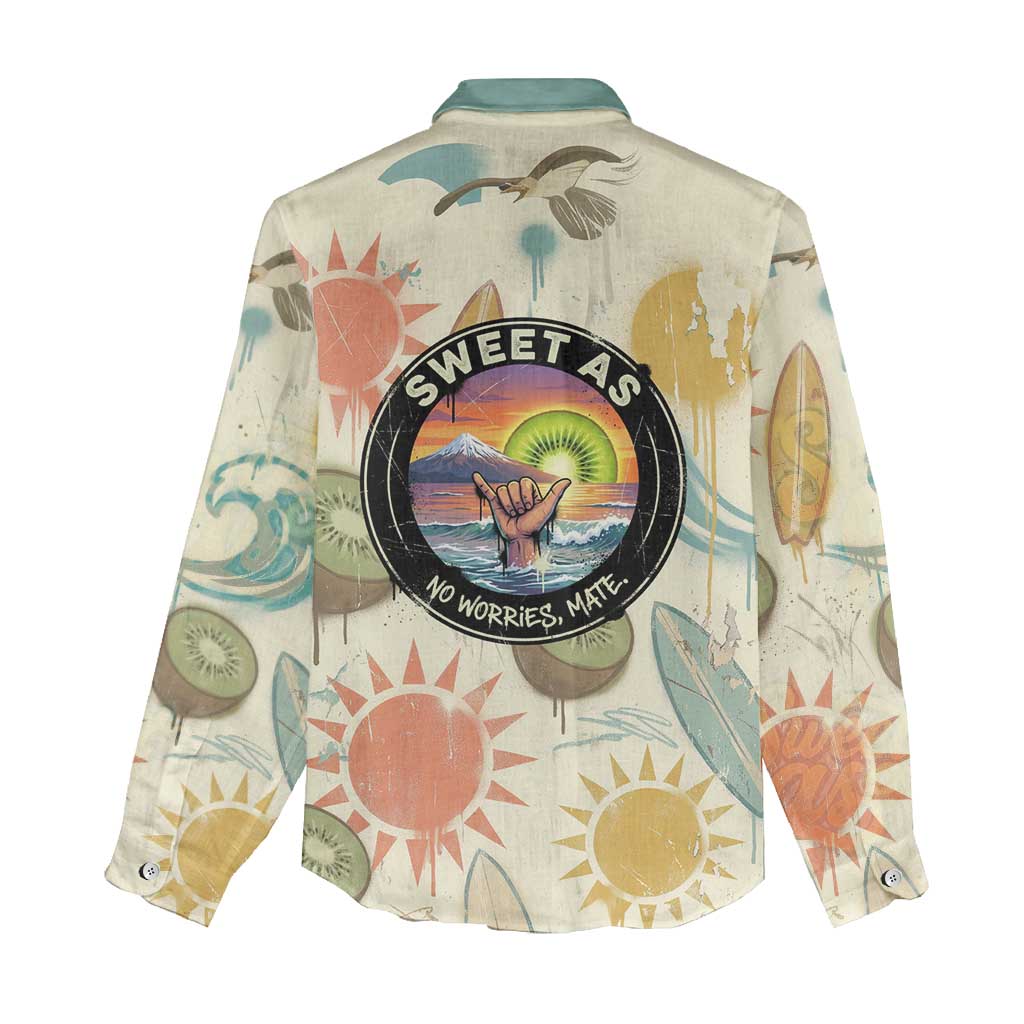 NZ Slang Sweet As Kiwi Shaka Sign Women Casual Shirt New Zealand Surfboards Sun and Tropical Beach Retro