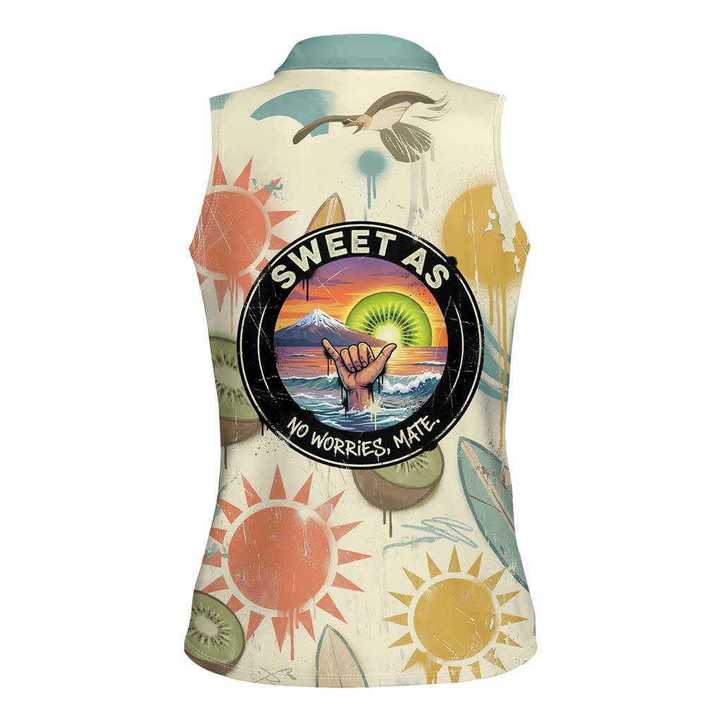 NZ Slang Sweet As Kiwi Shaka Sign Women Sleeveless Polo Shirt New Zealand Surfboards Sun and Tropical Beach Retro