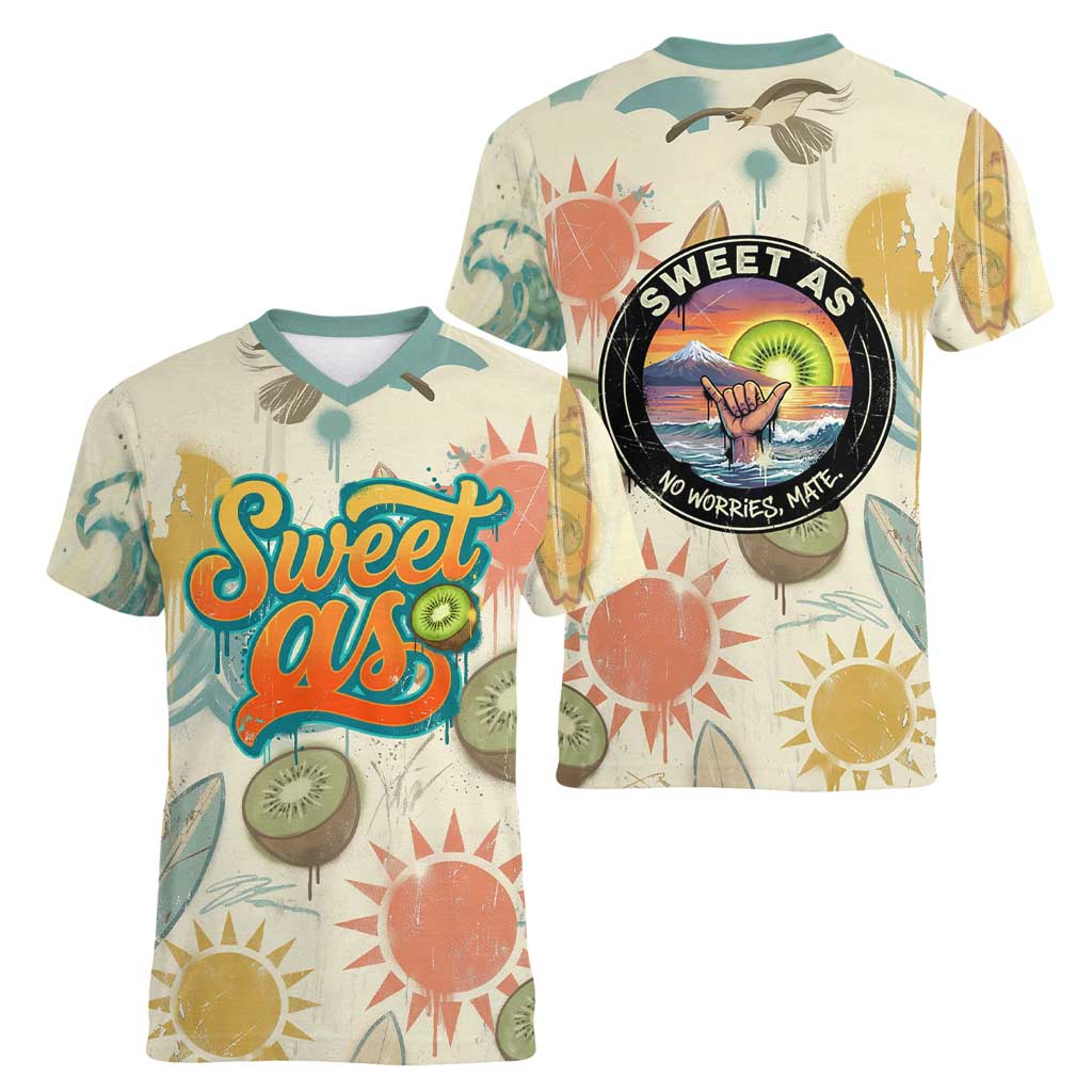 NZ Slang Sweet As Kiwi Shaka Sign Women V-Neck T-Shirt New Zealand Surfboards Sun and Tropical Beach Retro