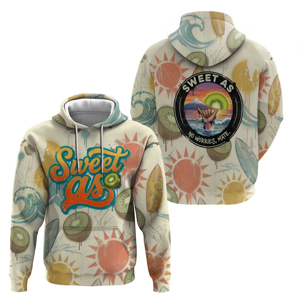 NZ Slang Sweet As Kiwi Shaka Sign Zip Hoodie New Zealand Surfboards Sun and Tropical Beach Retro