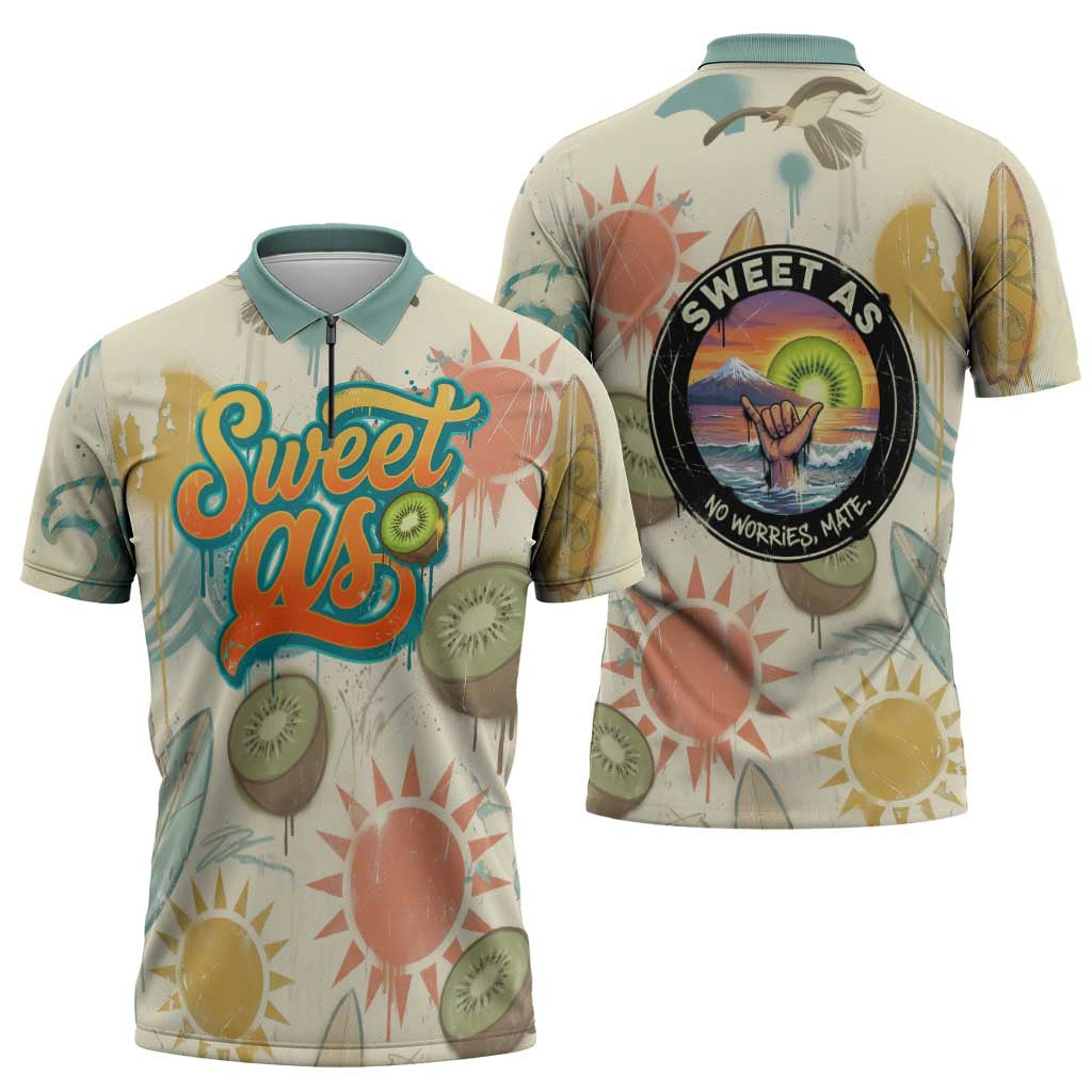 NZ Slang Sweet As Kiwi Shaka Sign Zipper Polo Shirt New Zealand Surfboards Sun and Tropical Beach Retro