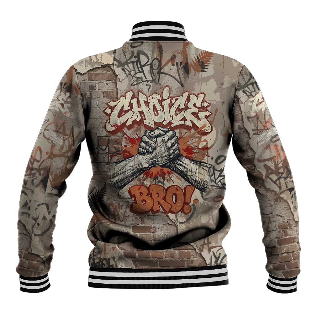 Choice Bro Graffiti Handshake Baseball Jacket New Zealand Slang Fern Brick Wall and Urban Street Art
