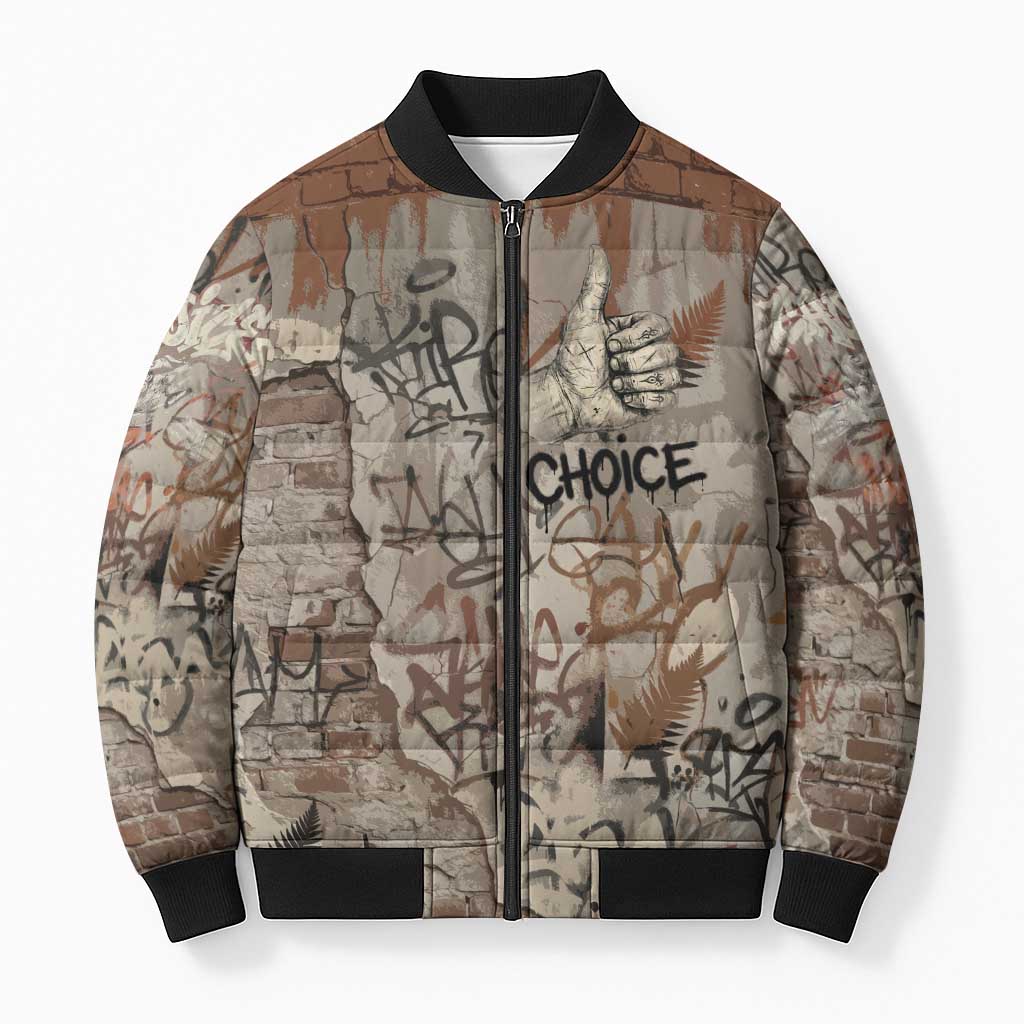 Choice Bro Graffiti Handshake Bomber Puffer Jacket New Zealand Slang Fern Brick Wall and Urban Street Art