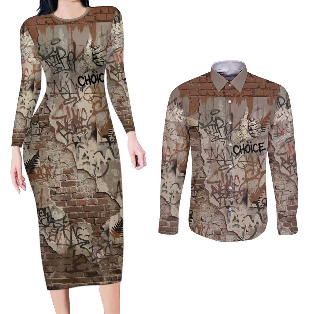 Choice Bro Graffiti Handshake Couples Matching Long Sleeve Bodycon Dress and Long Sleeve Button Shirt New Zealand Slang Fern Brick Wall and Urban Street Art