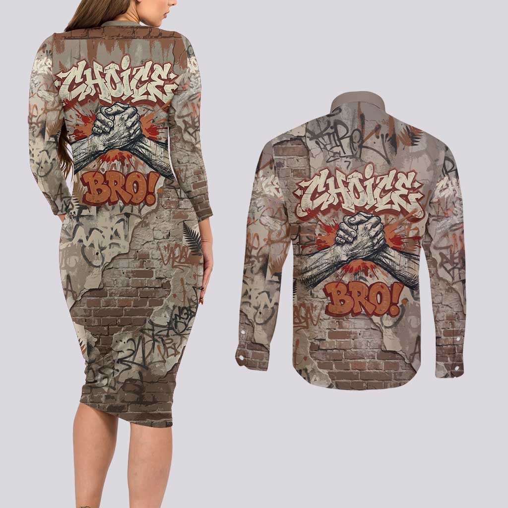 Choice Bro Graffiti Handshake Couples Matching Long Sleeve Bodycon Dress and Long Sleeve Button Shirt New Zealand Slang Fern Brick Wall and Urban Street Art
