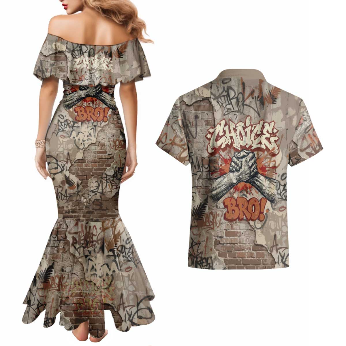Choice Bro Graffiti Handshake Couples Matching Mermaid Dress and Hawaiian Shirt New Zealand Slang Fern Brick Wall and Urban Street Art TS04 - Polynesian Pride