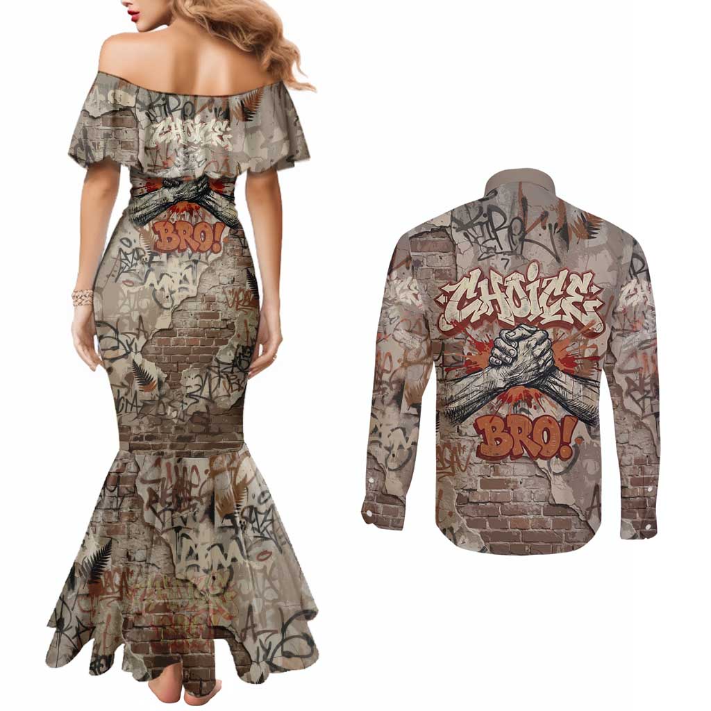 Choice Bro Graffiti Handshake Couples Matching Mermaid Dress and Long Sleeve Button Shirt New Zealand Slang Fern Brick Wall and Urban Street Art