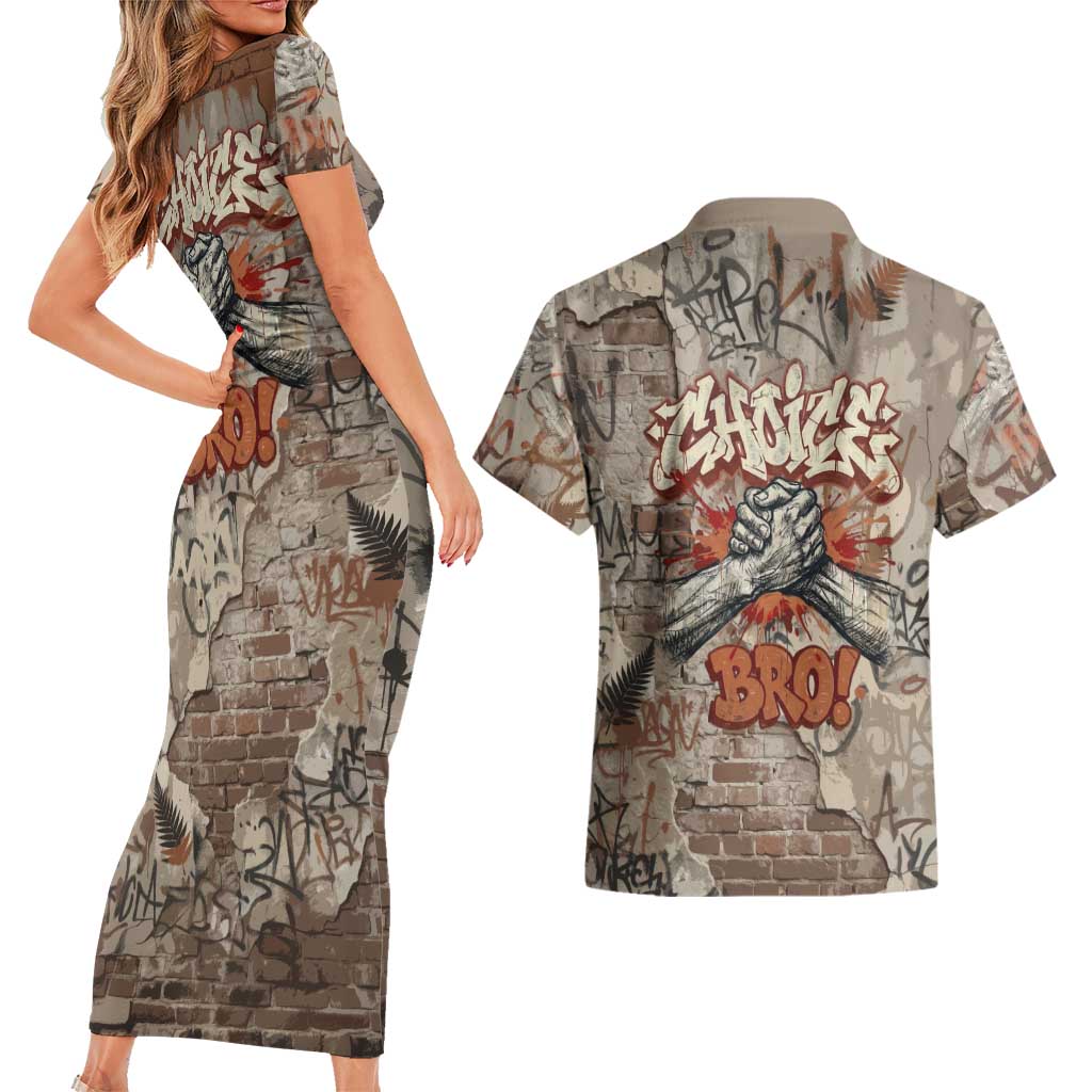 Choice Bro Graffiti Handshake Couples Matching Short Sleeve Bodycon Dress and Hawaiian Shirt New Zealand Slang Fern Brick Wall and Urban Street Art