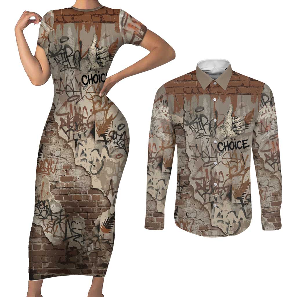 Choice Bro Graffiti Handshake Couples Matching Short Sleeve Bodycon Dress and Long Sleeve Button Shirt New Zealand Slang Fern Brick Wall and Urban Street Art