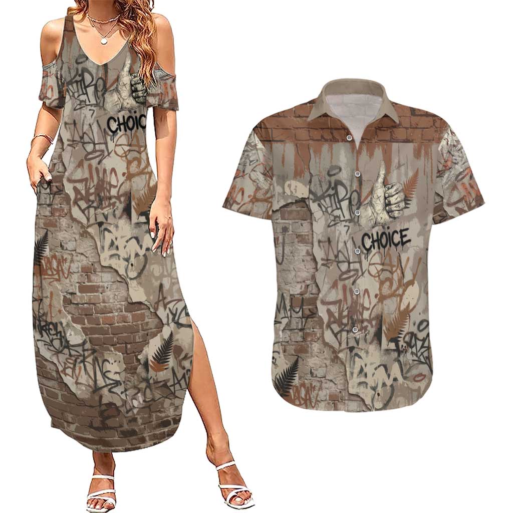 Choice Bro Graffiti Handshake Couples Matching Summer Maxi Dress and Hawaiian Shirt New Zealand Slang Fern Brick Wall and Urban Street Art