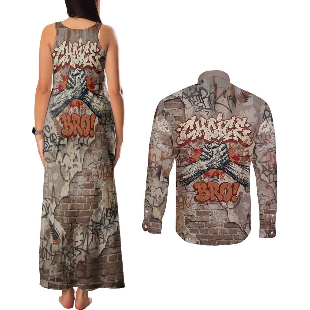 Choice Bro Graffiti Handshake Couples Matching Tank Maxi Dress and Long Sleeve Button Shirt New Zealand Slang Fern Brick Wall and Urban Street Art