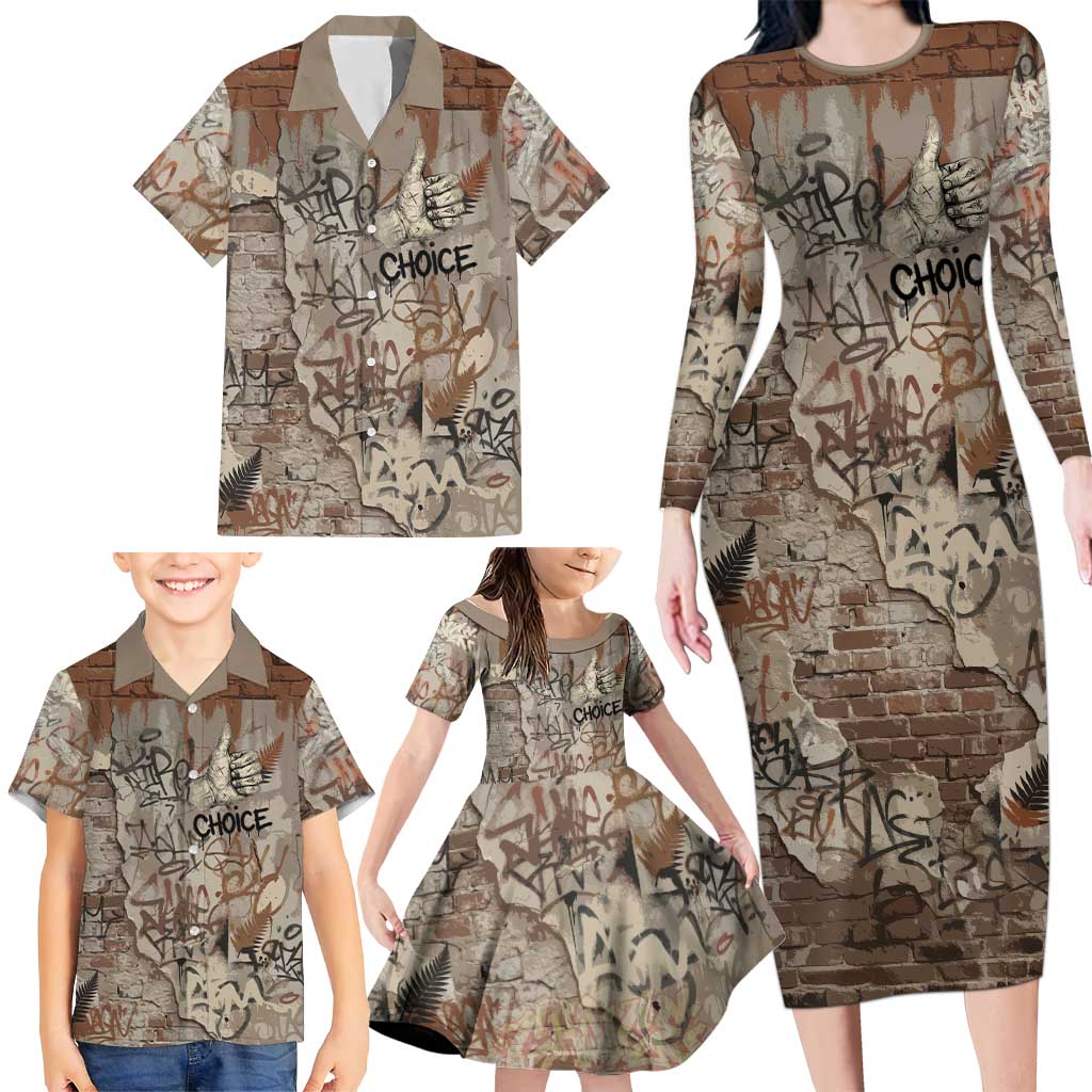 Choice Bro Graffiti Handshake Family Matching Long Sleeve Bodycon Dress and Hawaiian Shirt New Zealand Slang Fern Brick Wall and Urban Street Art
