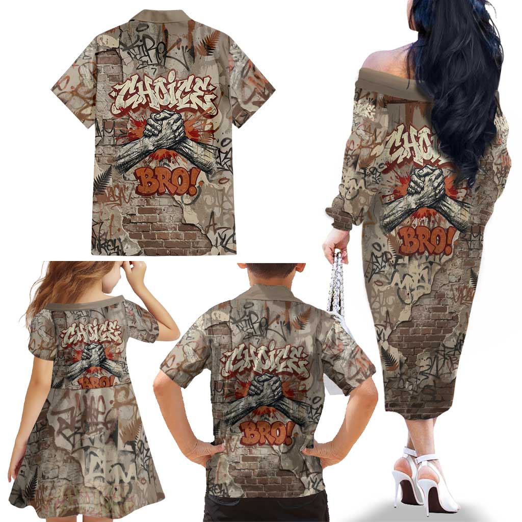 Choice Bro Graffiti Handshake Family Matching Off The Shoulder Long Sleeve Dress and Hawaiian Shirt New Zealand Slang Fern Brick Wall and Urban Street Art