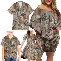 Choice Bro Graffiti Handshake Family Matching Off Shoulder Short Dress and Hawaiian Shirt New Zealand Slang Fern Brick Wall and Urban Street Art