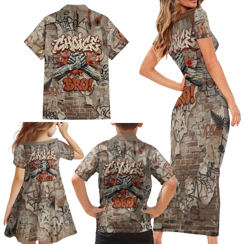 Choice Bro Graffiti Handshake Family Matching Short Sleeve Bodycon Dress and Hawaiian Shirt New Zealand Slang Fern Brick Wall and Urban Street Art