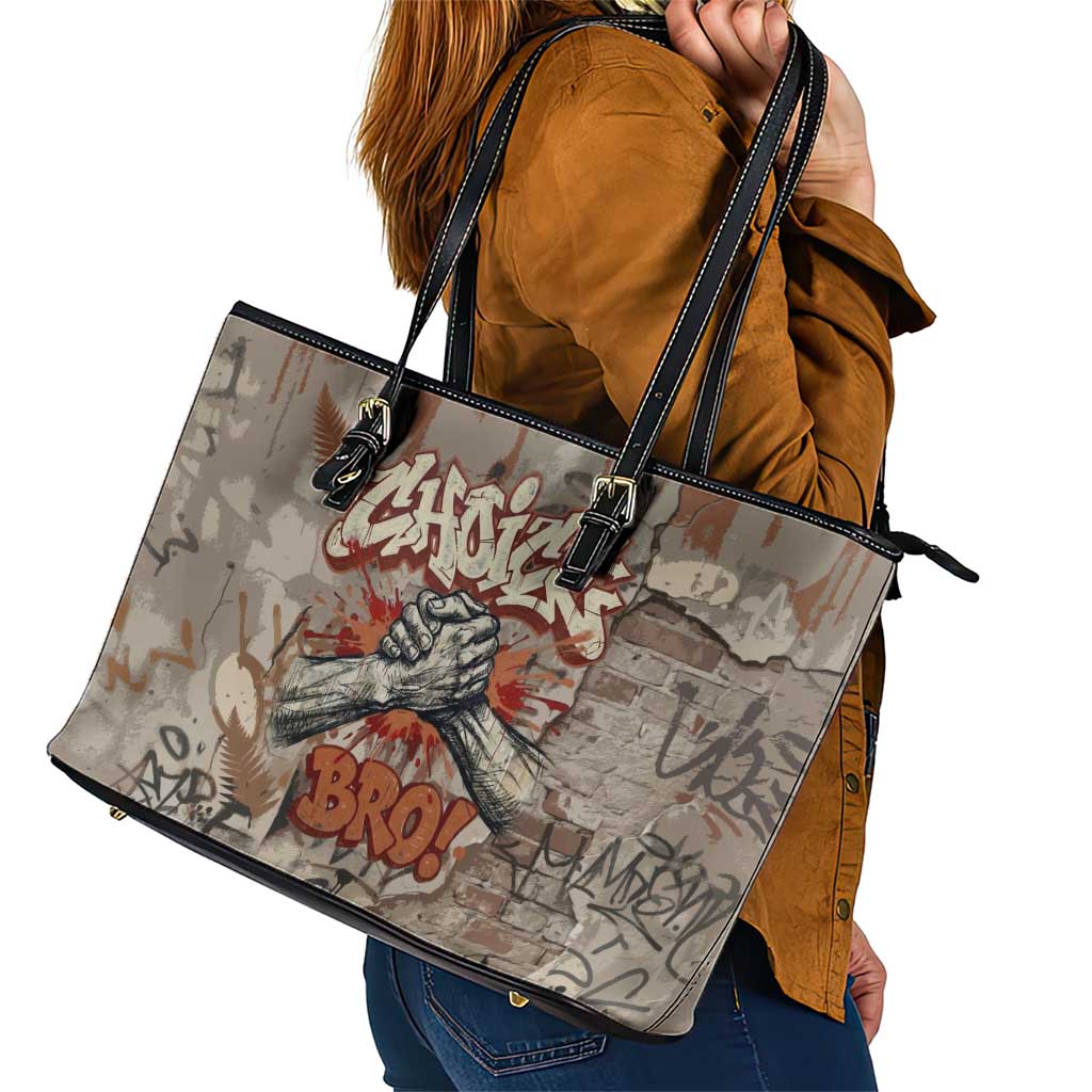 Choice Bro Graffiti Handshake Leather Tote Bag New Zealand Slang Fern Brick Wall and Urban Street Art TS04 - Polynesian Pride