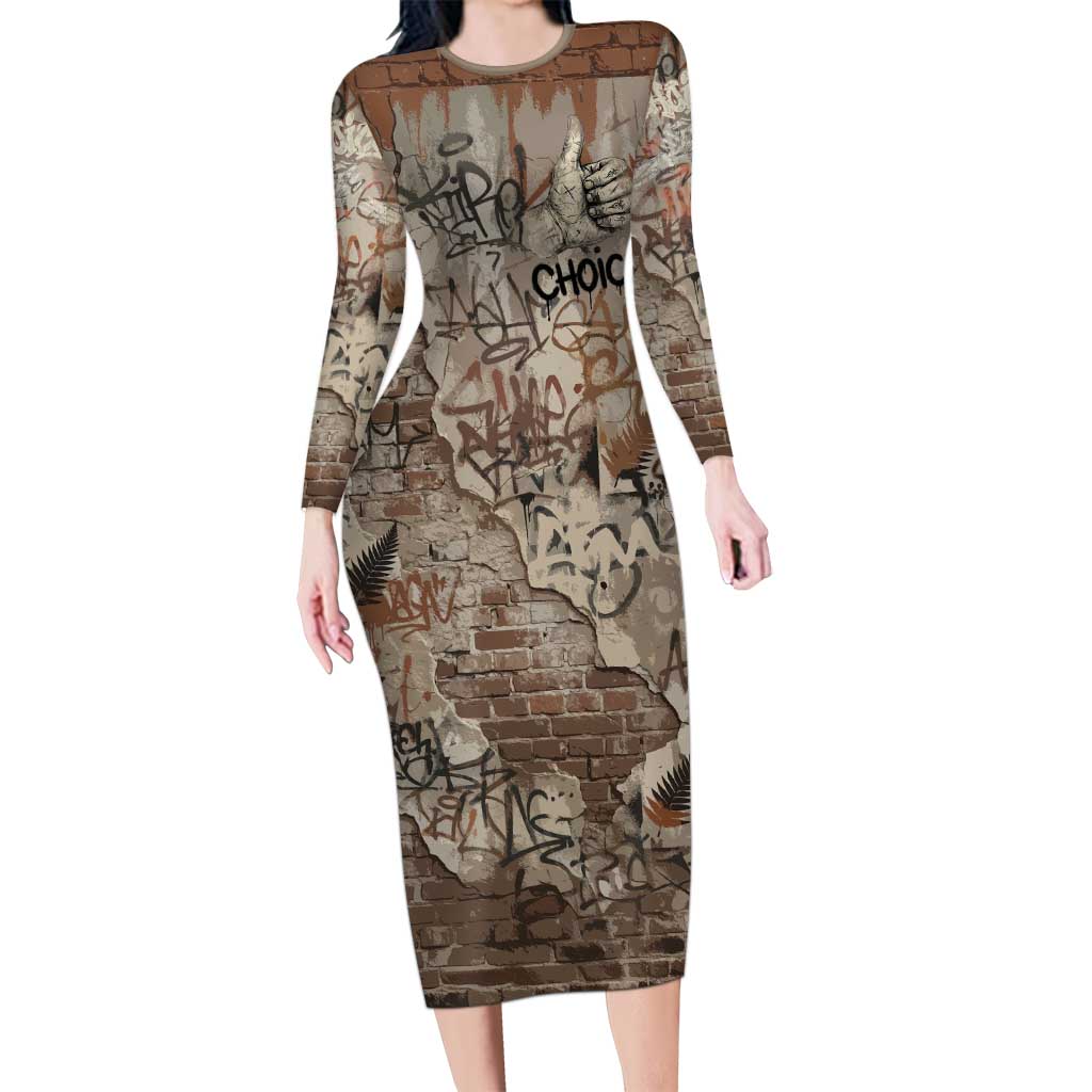 Choice Bro Graffiti Handshake Long Sleeve Bodycon Dress New Zealand Slang Fern Brick Wall and Urban Street Art TS04 Long Dress Multicolor - Polynesian Pride
