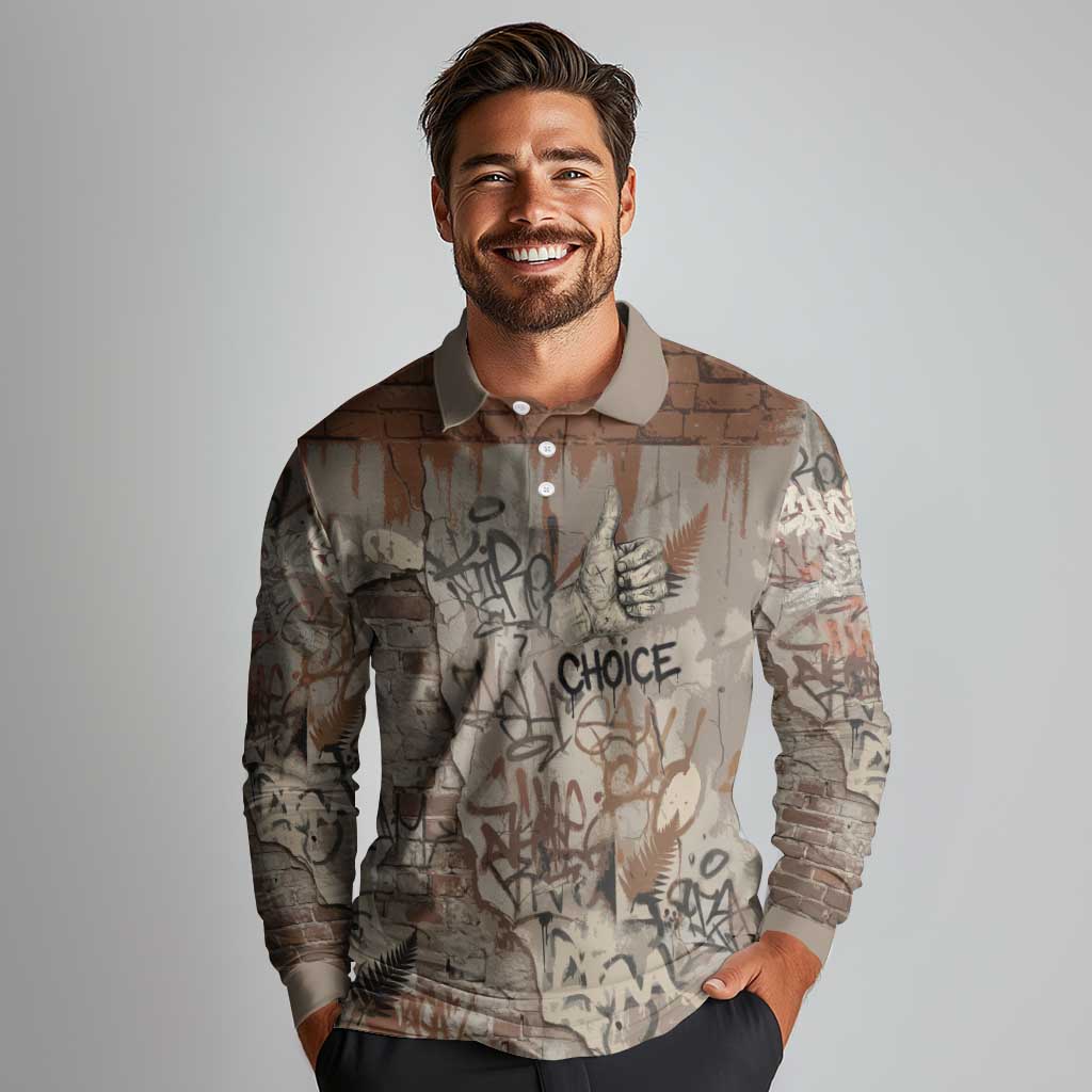 Choice Bro Graffiti Handshake Long Sleeve Polo Shirt New Zealand Slang Fern Brick Wall and Urban Street Art