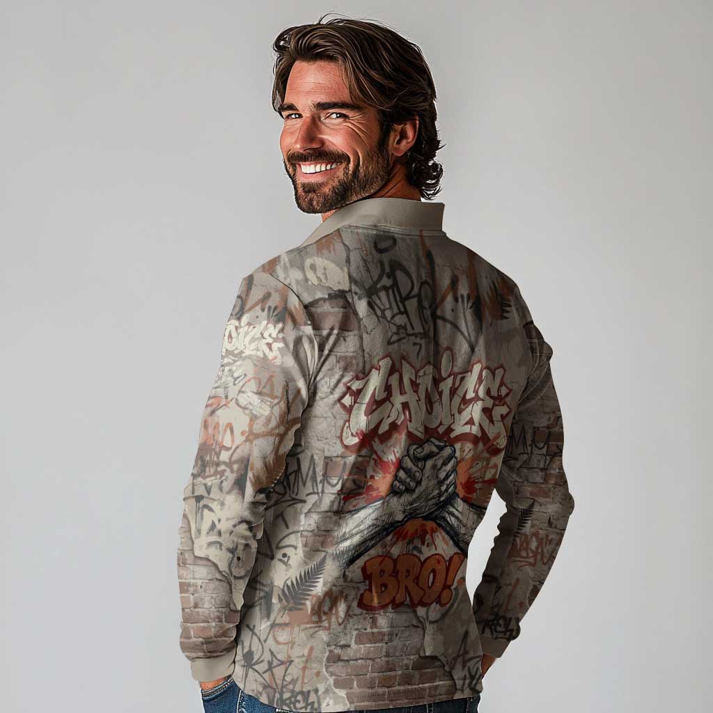Choice Bro Graffiti Handshake Long Sleeve Polo Shirt New Zealand Slang Fern Brick Wall and Urban Street Art