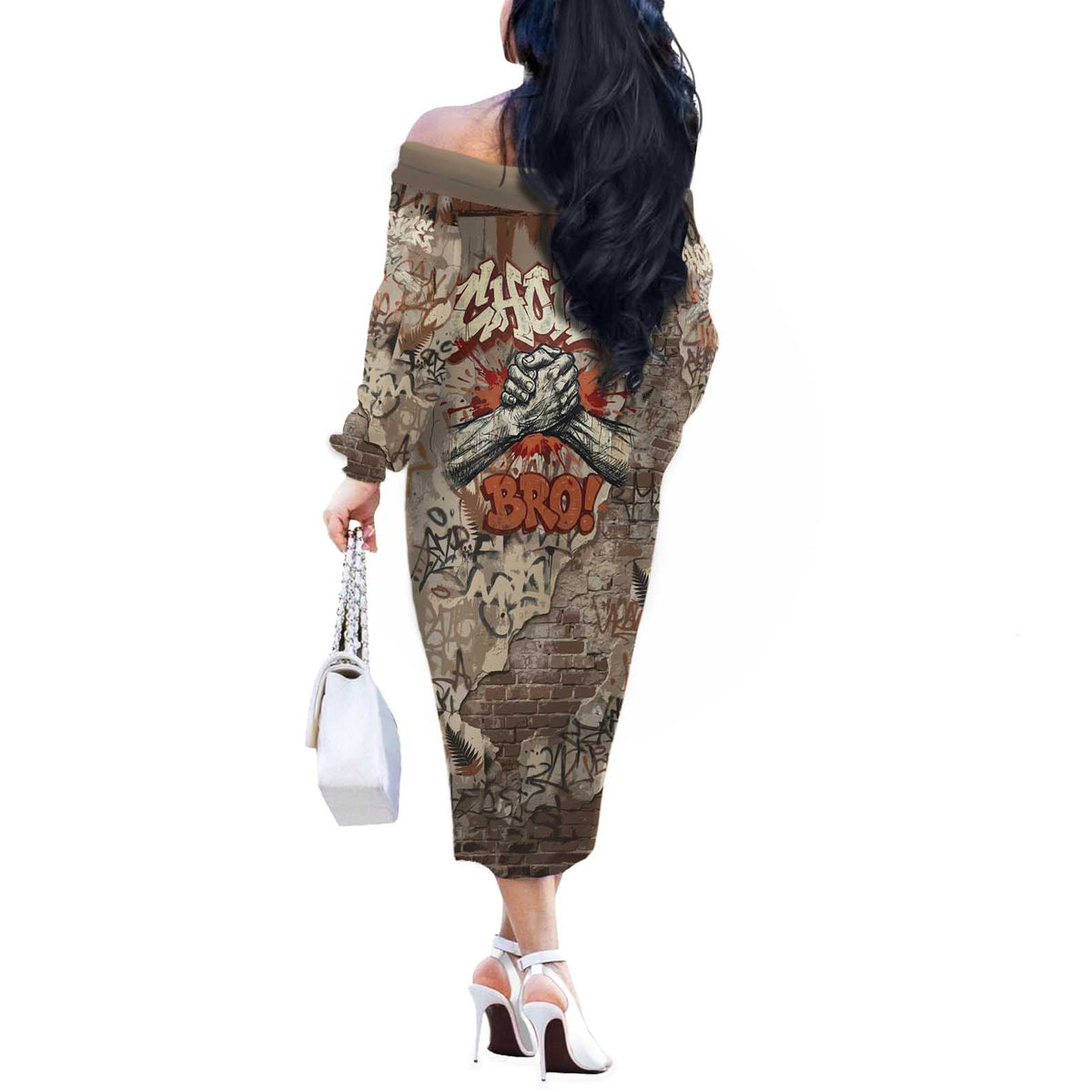 Choice Bro Graffiti Handshake Off The Shoulder Long Sleeve Dress New Zealand Slang Fern Brick Wall and Urban Street Art TS04 - Polynesian Pride