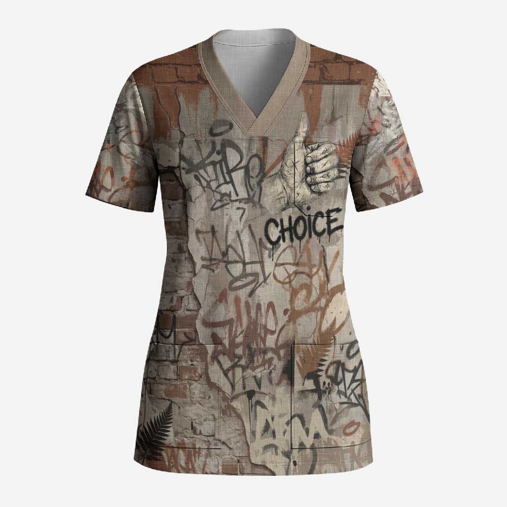 Choice Bro Graffiti Handshake Scrub Top New Zealand Slang Fern Brick Wall and Urban Street Art