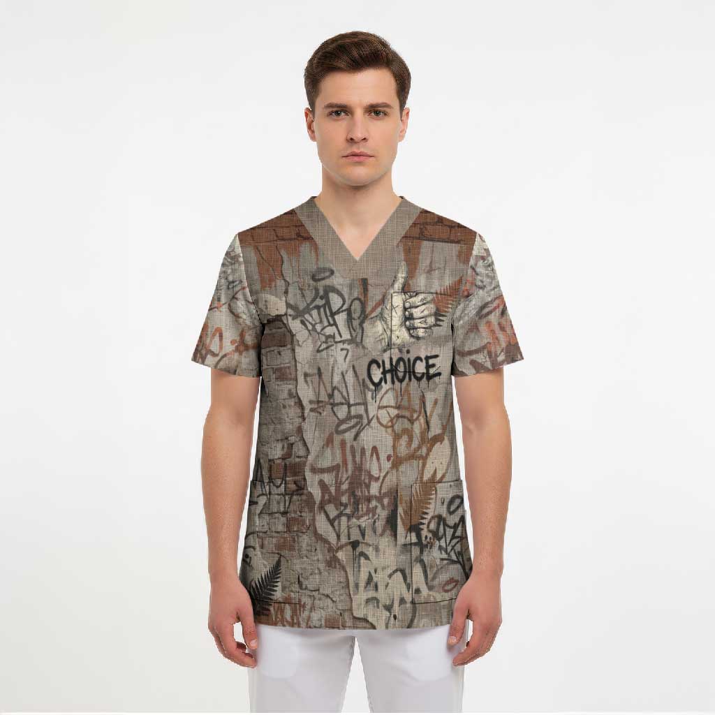 Choice Bro Graffiti Handshake Scrub Top New Zealand Slang Fern Brick Wall and Urban Street Art