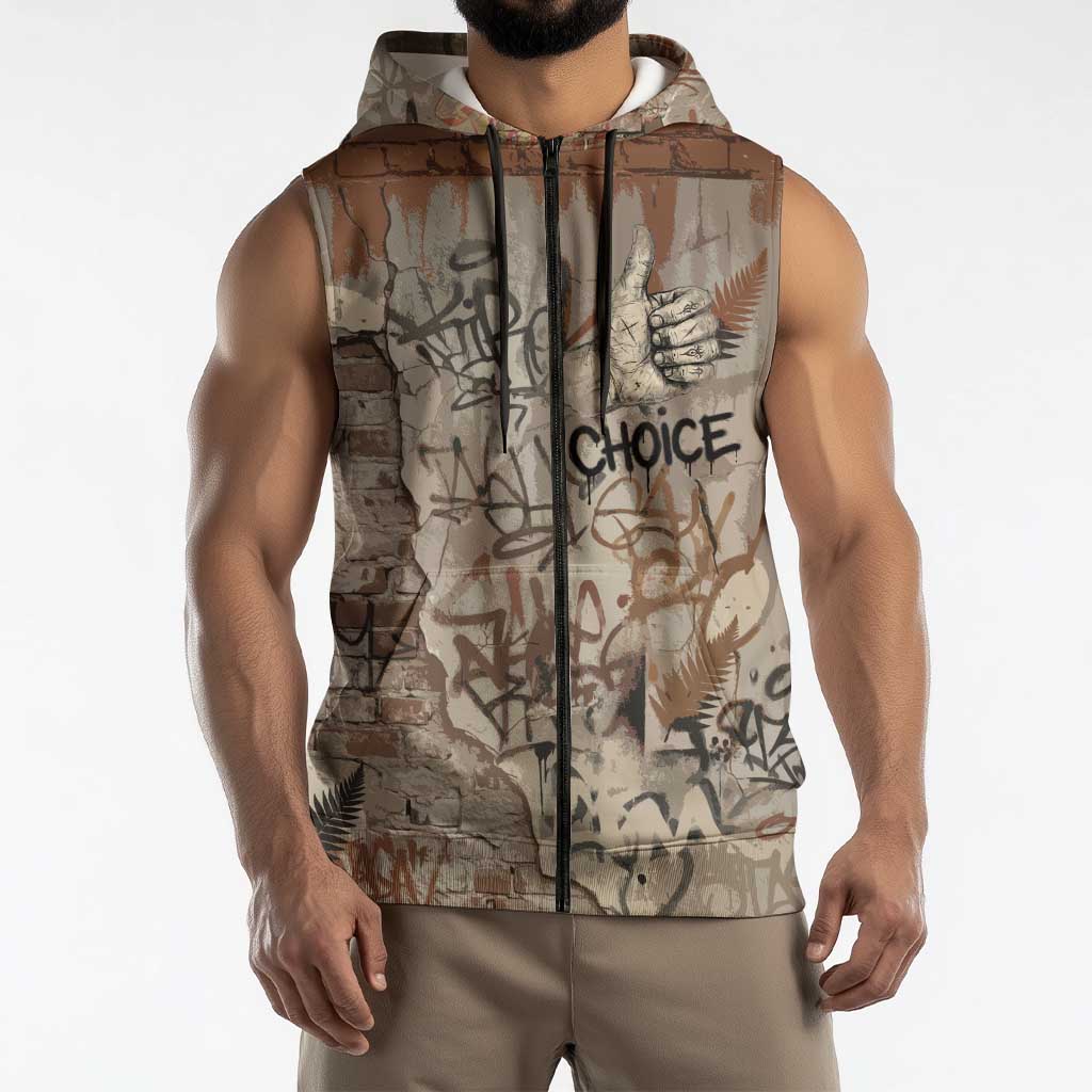 Choice Bro Graffiti Handshake Sleeveless Zip Hoodie New Zealand Slang Fern Brick Wall and Urban Street Art