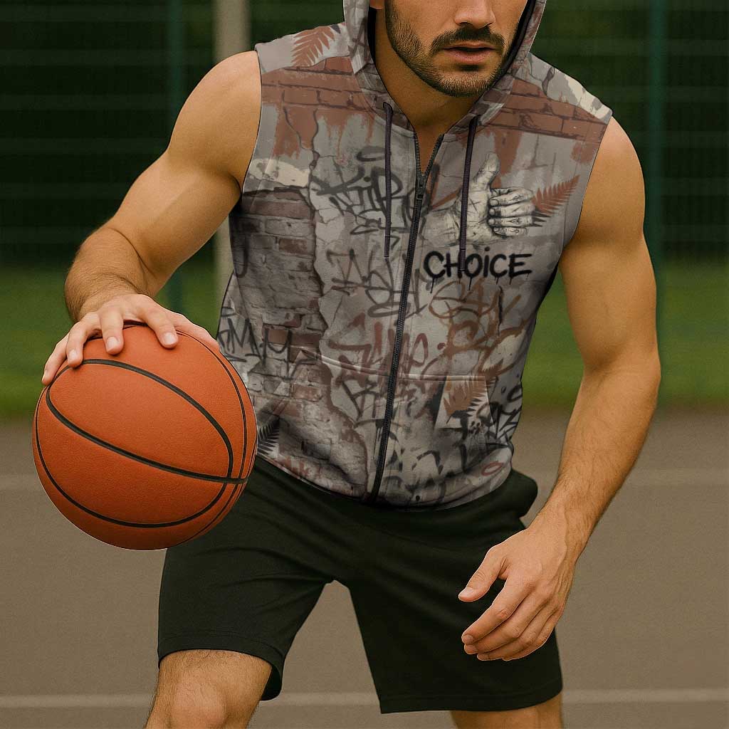 Choice Bro Graffiti Handshake Sleeveless Zip Hoodie New Zealand Slang Fern Brick Wall and Urban Street Art