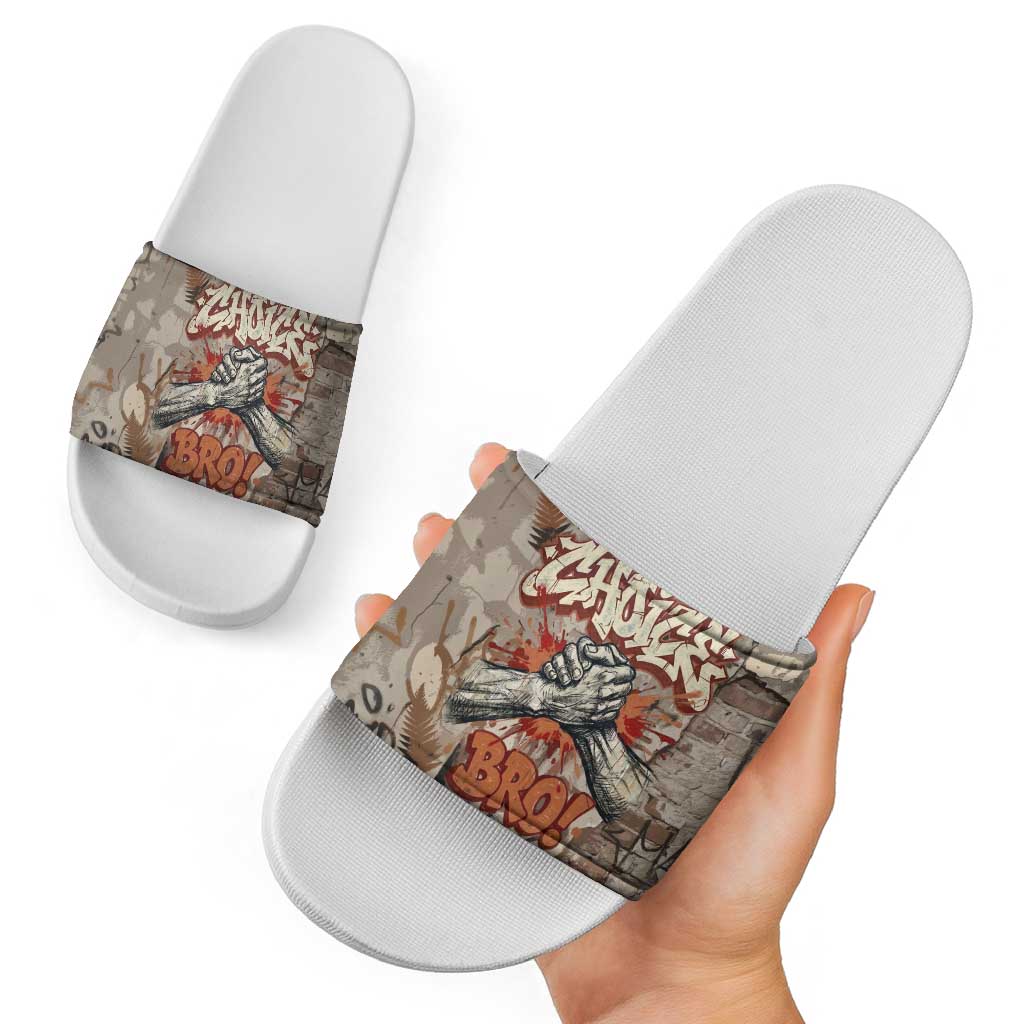 Choice Bro Graffiti Handshake Slide Sandals New Zealand Slang Fern Brick Wall and Urban Street Art