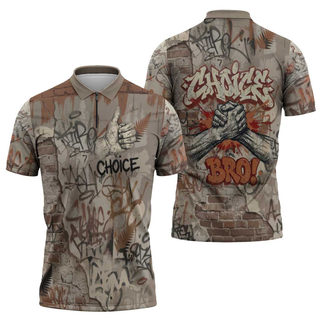 Choice Bro Graffiti Handshake Zipper Polo Shirt New Zealand Slang Fern Brick Wall and Urban Street Art