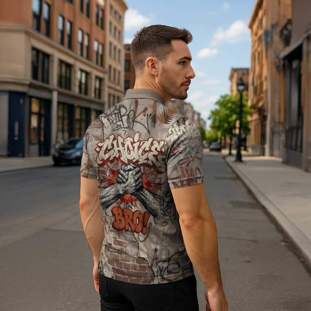 Choice Bro Graffiti Handshake Zipper Polo Shirt New Zealand Slang Fern Brick Wall and Urban Street Art