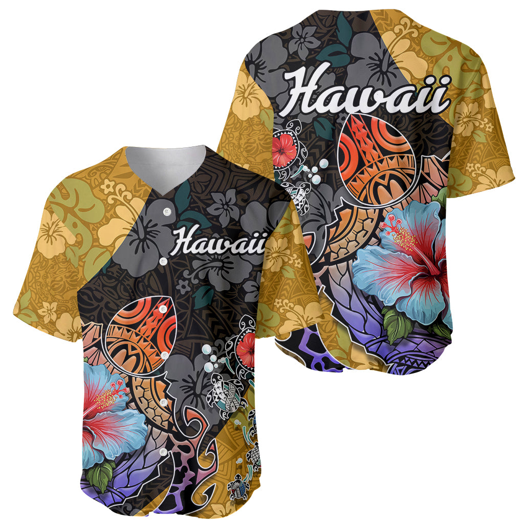 Hawaii Polynesian Baseball Jersey Turtles and Hibiscus Flower Gradient Pattern TS04 - Polynesian Pride