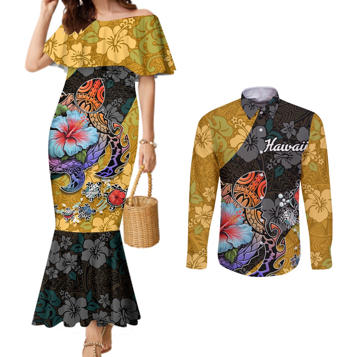 Hawaii Polynesian Couples Matching Mermaid Dress and Long Sleeve Button Shirts Turtles and Hibiscus Flower Gradient Pattern TS04 Multicolor - Polynesian Pride