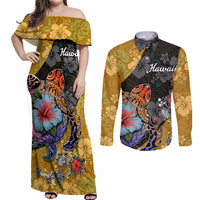 Hawaii Polynesian Couples Matching Off Shoulder Maxi Dress and Long Sleeve Button Shirts Turtles and Hibiscus Flower Gradient Pattern TS04 Multicolor - Polynesian Pride