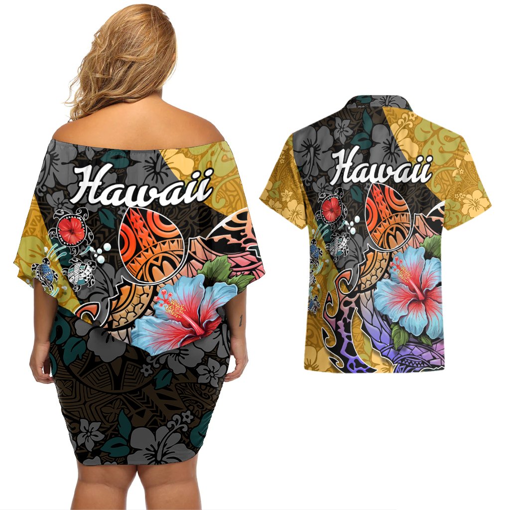 Hawaii Polynesian Couples Matching Off Shoulder Short Dress and Hawaiian Shirt Turtles and Hibiscus Flower Gradient Pattern TS04 - Polynesian Pride