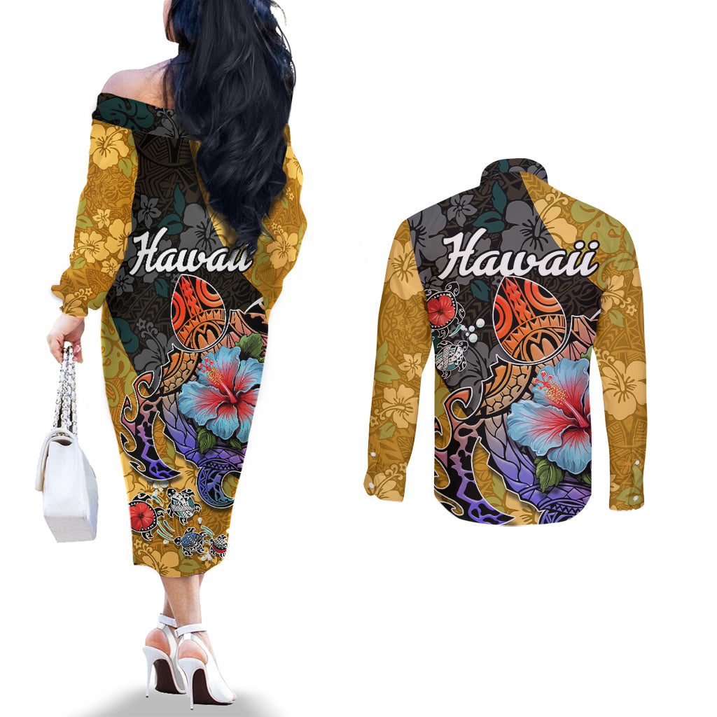 Hawaii Polynesian Couples Matching Off The Shoulder Long Sleeve Dress and Long Sleeve Button Shirts Turtles and Hibiscus Flower Gradient Pattern TS04 - Polynesian Pride